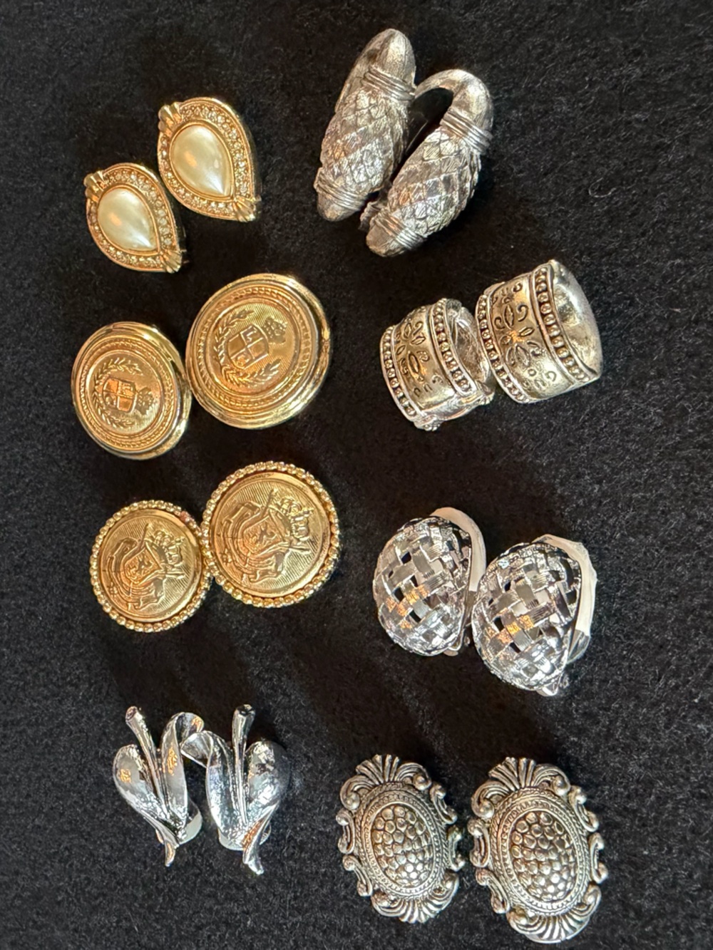 Lot Of 8 Vintage Clip Earrings. Varying Gold And Silver Toned.